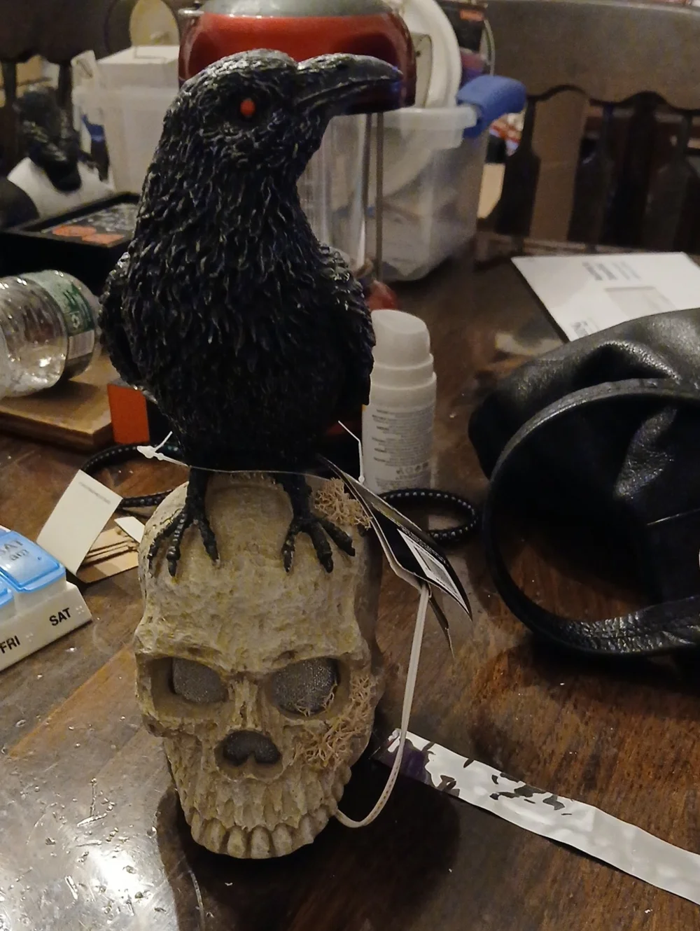 Black Raven on Bone Skull Halloween Decor - Unbranded